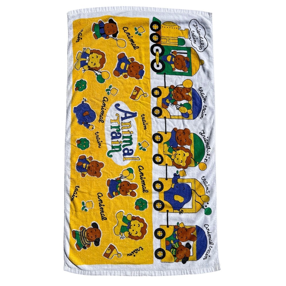 VTG 90s Rare Animal Train Kids Beach Towel Yellow White Cute Friendship Graphic
